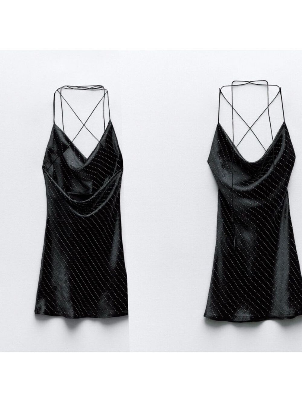 Zara Black satin effect crystal rhinestone jewelled cowl neck mini slip dress M